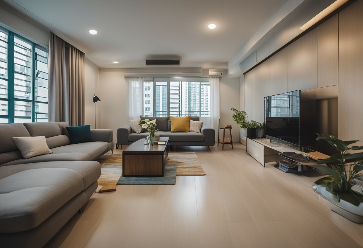 A cluttered, outdated HDB flat being transformed with new flooring, modern fixtures, and fresh paint according to renovation guidelines