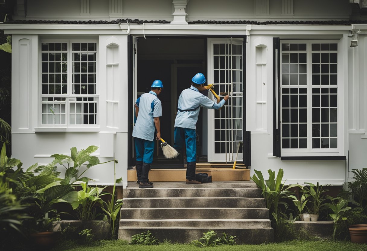 A team of workers renovates a traditional Singaporean house, painting the exterior and installing new windows and doors
