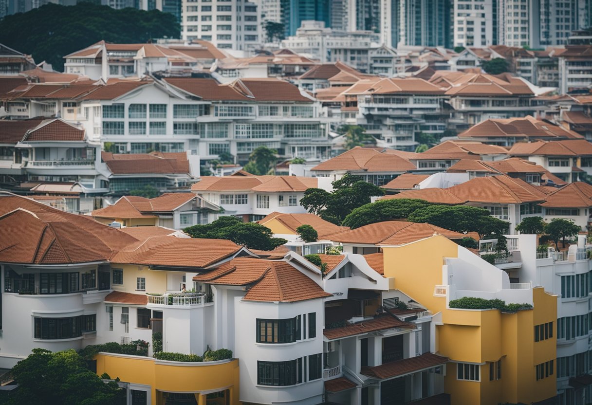 A bustling Singapore neighborhood with diverse architectural styles, construction workers and designers collaborating on modernizing and renovating homes