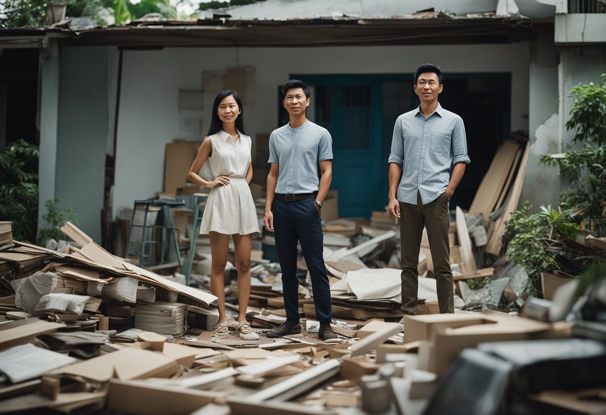 A couple stands in front of their Singapore home, surrounded by renovation materials and tools. The house is in disarray, with walls torn down and furniture covered in sheets
