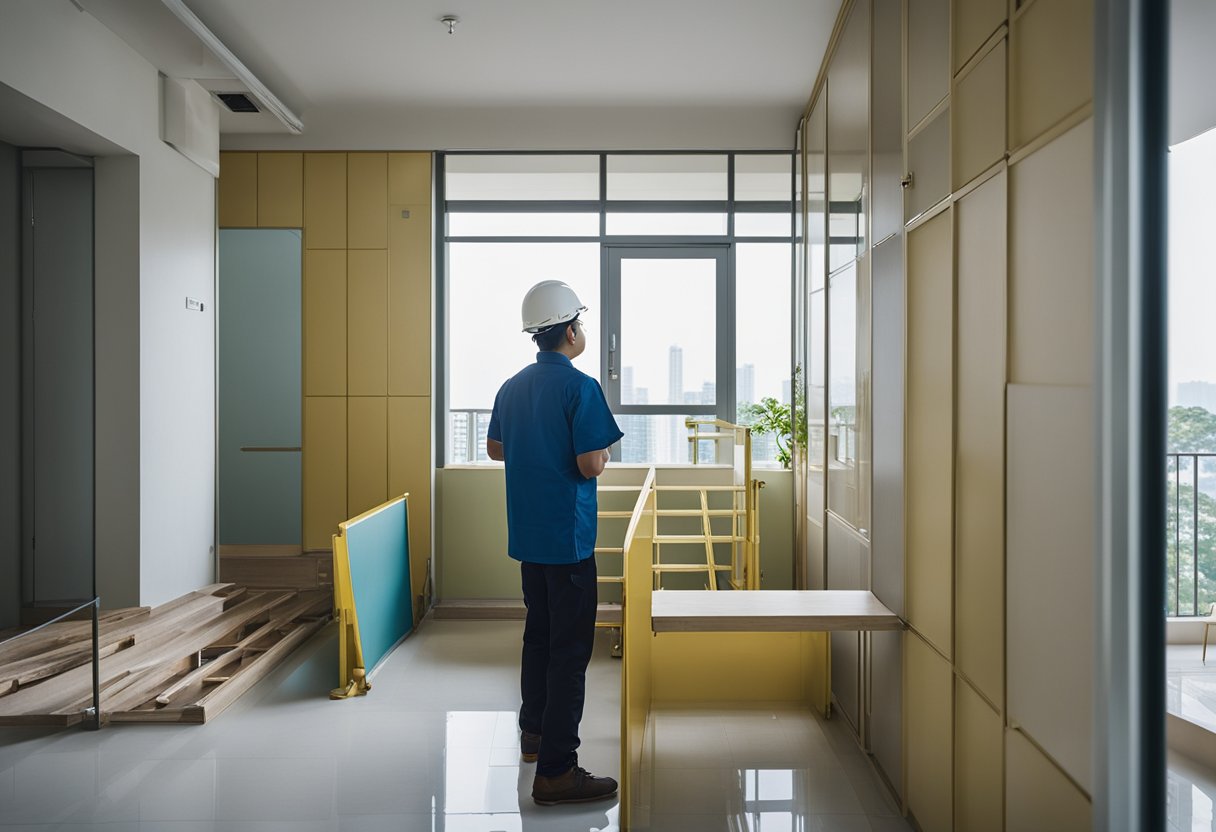A construction worker carefully inspects the newly renovated HDB apartment, ensuring that all structural integrity and safety guidelines have been met