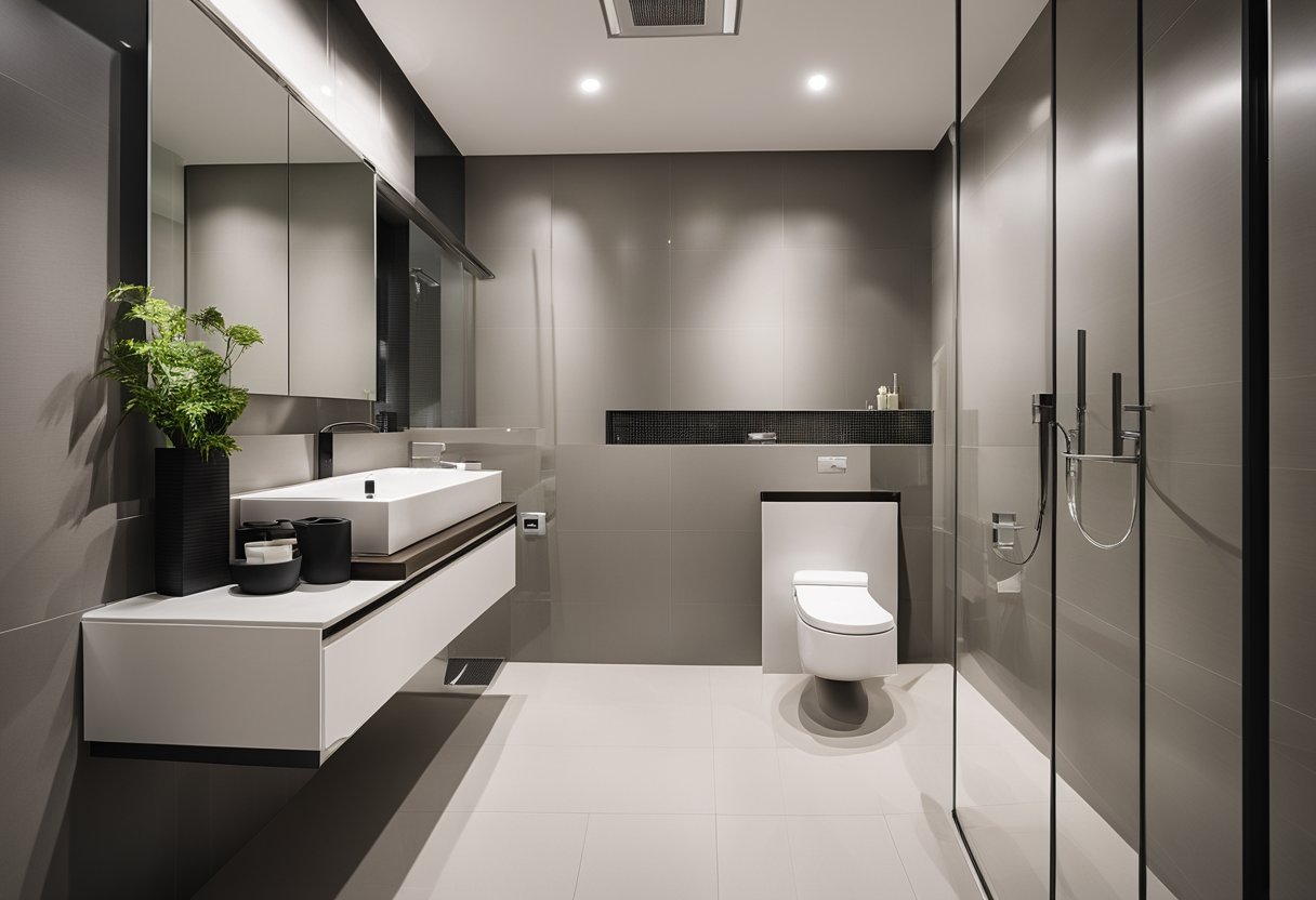 A clean, modern HDB toilet with white tiles, a sleek toilet bowl, and a spacious shower area with a glass partition