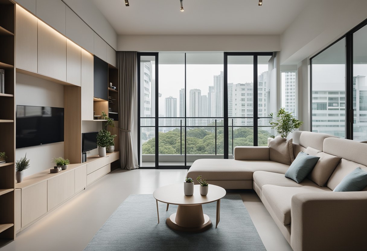 A spacious, modern HDB flat with clean lines, neutral colors, and natural light streaming in through large windows. A minimalist design with sleek furniture and functional storage solutions
