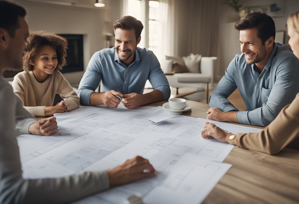 A family sits around a table, discussing home renovation plans, with blueprints and design samples spread out in front of them