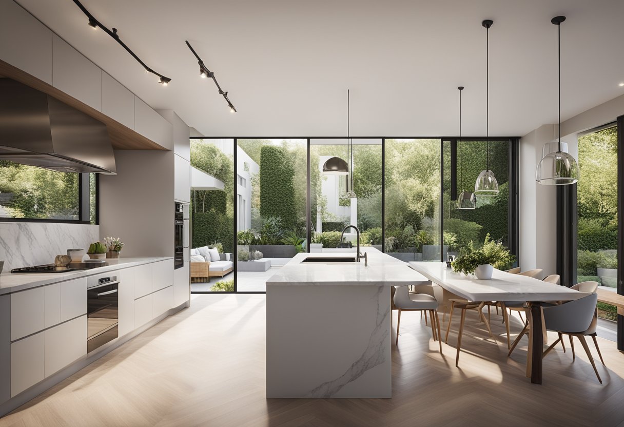 A bright, airy living room with modern furniture and large windows overlooking a lush garden. A sleek kitchen with marble countertops and state-of-the-art appliances