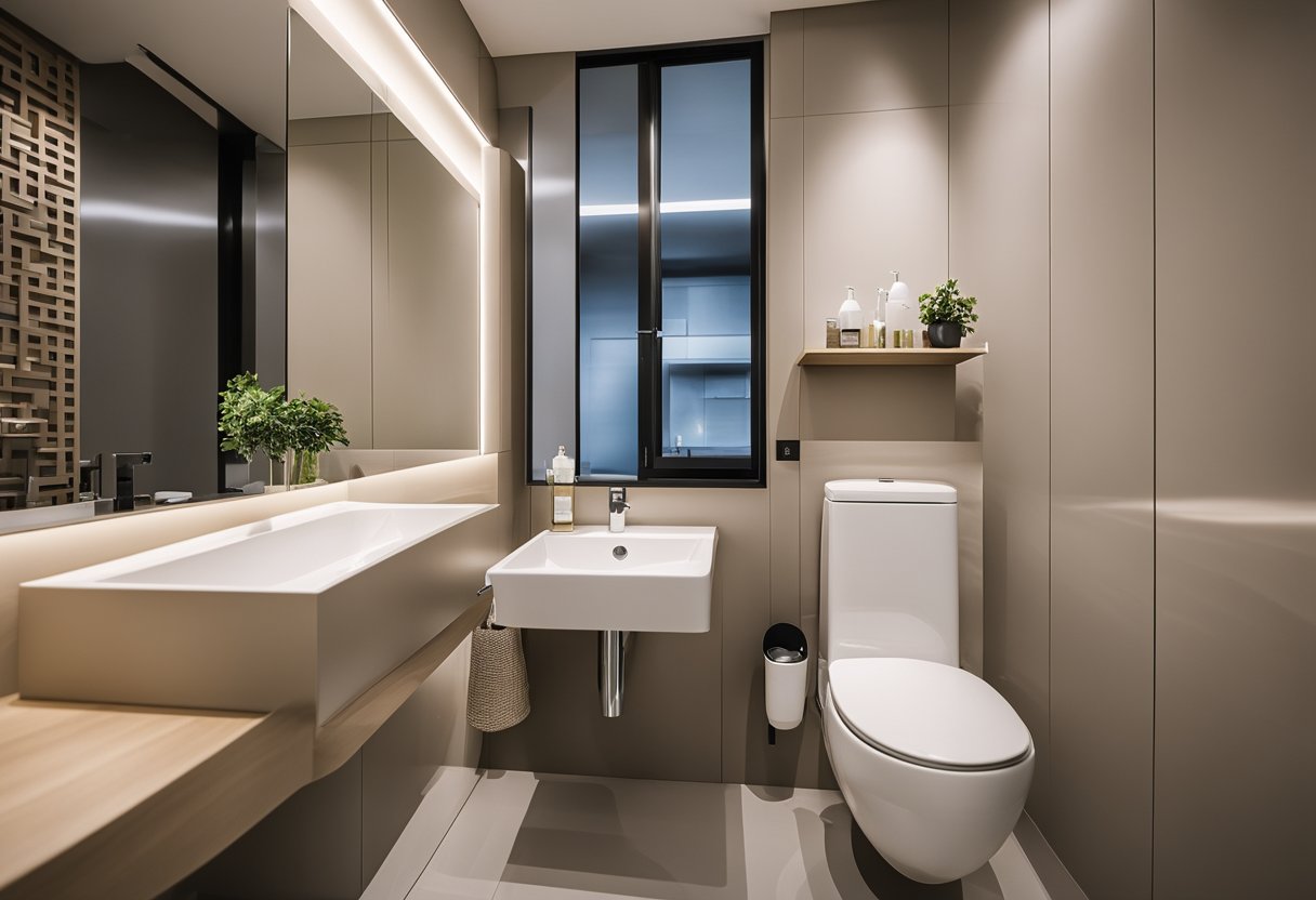 A clean and modern HDB toilet space with sleek fixtures, neutral color palette, and ample storage