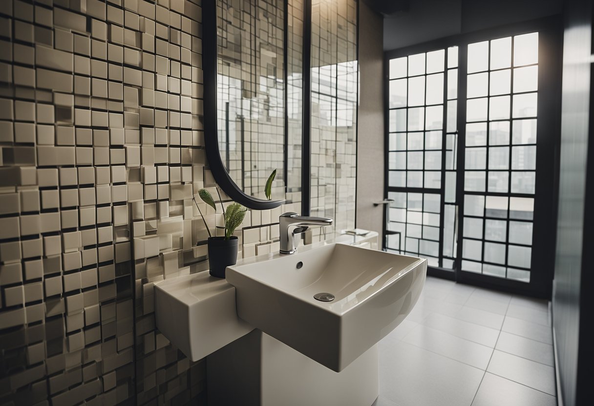 A person selects tiles and fixtures for an HDB toilet renovation