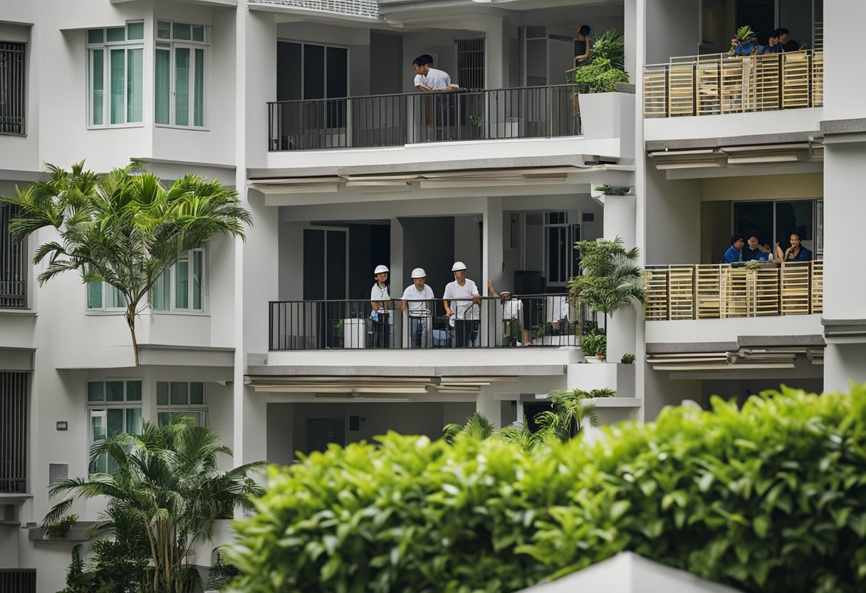 A family watches as their HDB, condo, and landed properties undergo renovations in Singapore. The workers are busy painting, installing fixtures, and landscaping the outdoor areas