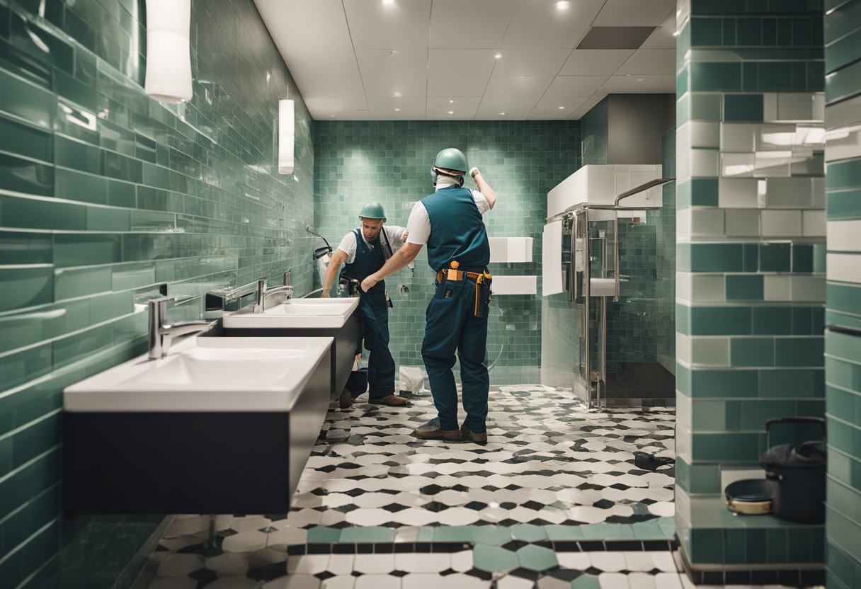 A bathroom with tiles being removed, pipes exposed, and workers installing new fixtures and tiles