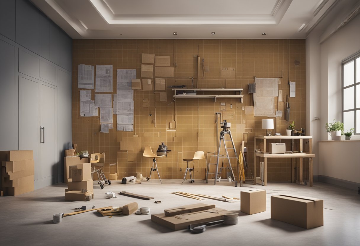 A room with tools and materials laid out for hdb renovation, with a blueprint and guidelines pinned to the wall