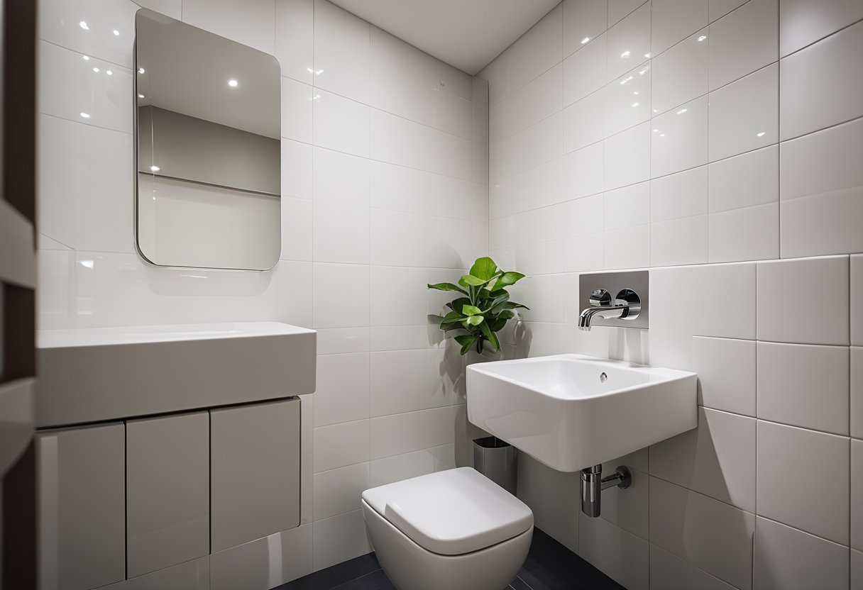 A fresh coat of paint on the walls, new tiles on the floor, and a sleek modern sink and toilet installed in the renovated HDB toilet