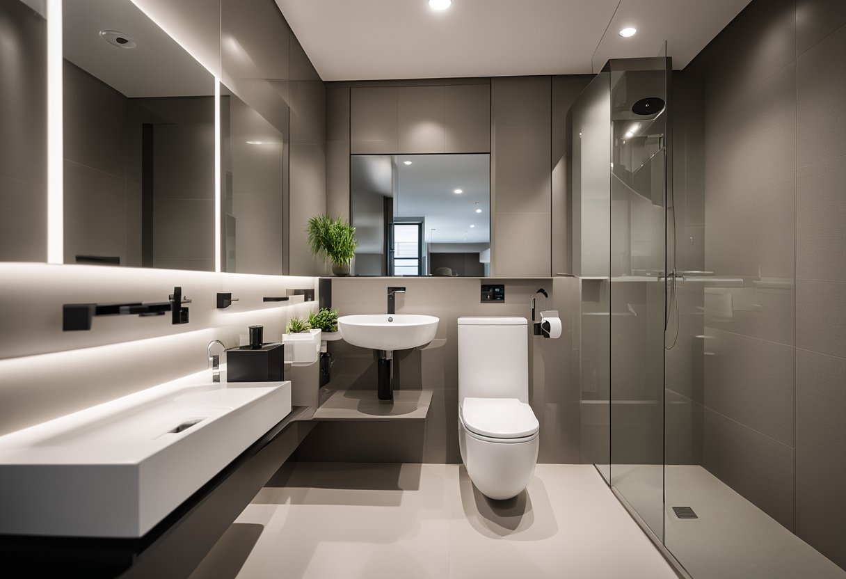 A newly renovated HDB toilet with modern fixtures and clean lines