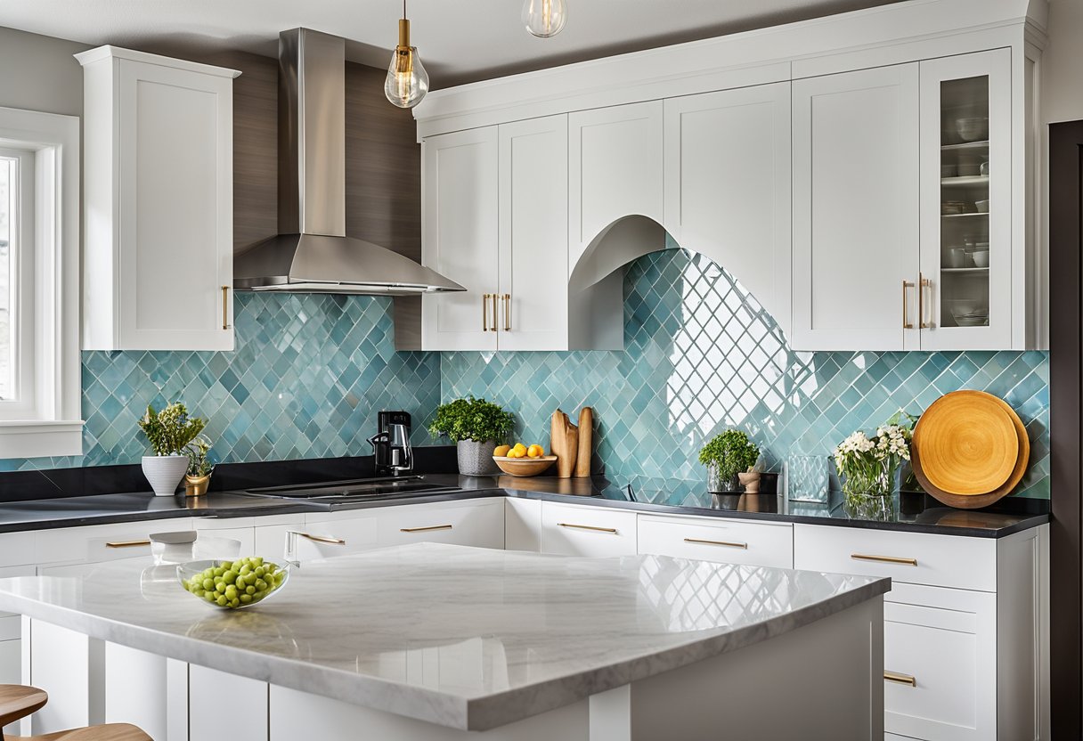 A modern kitchen with sleek white cabinets, marble countertops, and a pop of color in the form of a vibrant backsplash. The space is filled with natural light, highlighting the clean and contemporary design