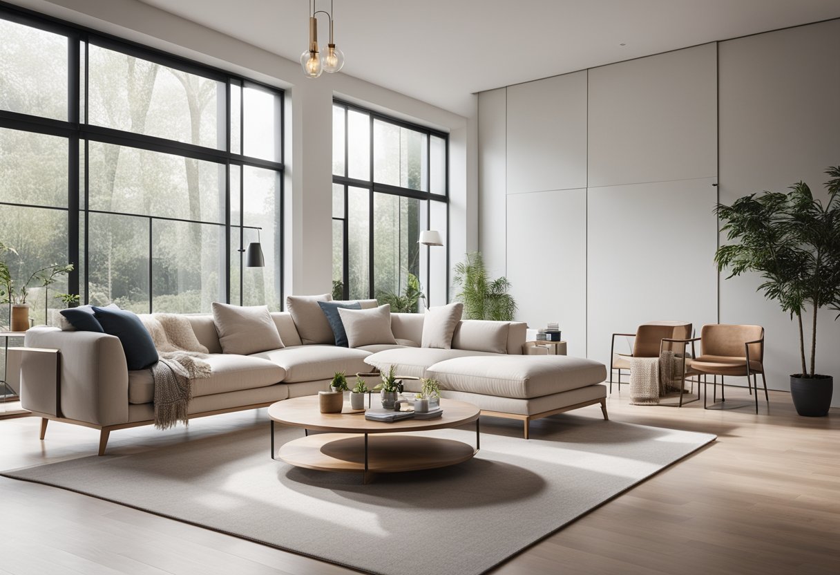 A bright, spacious living room with modern furniture and natural lighting, showcasing a minimalist design and neutral color palette