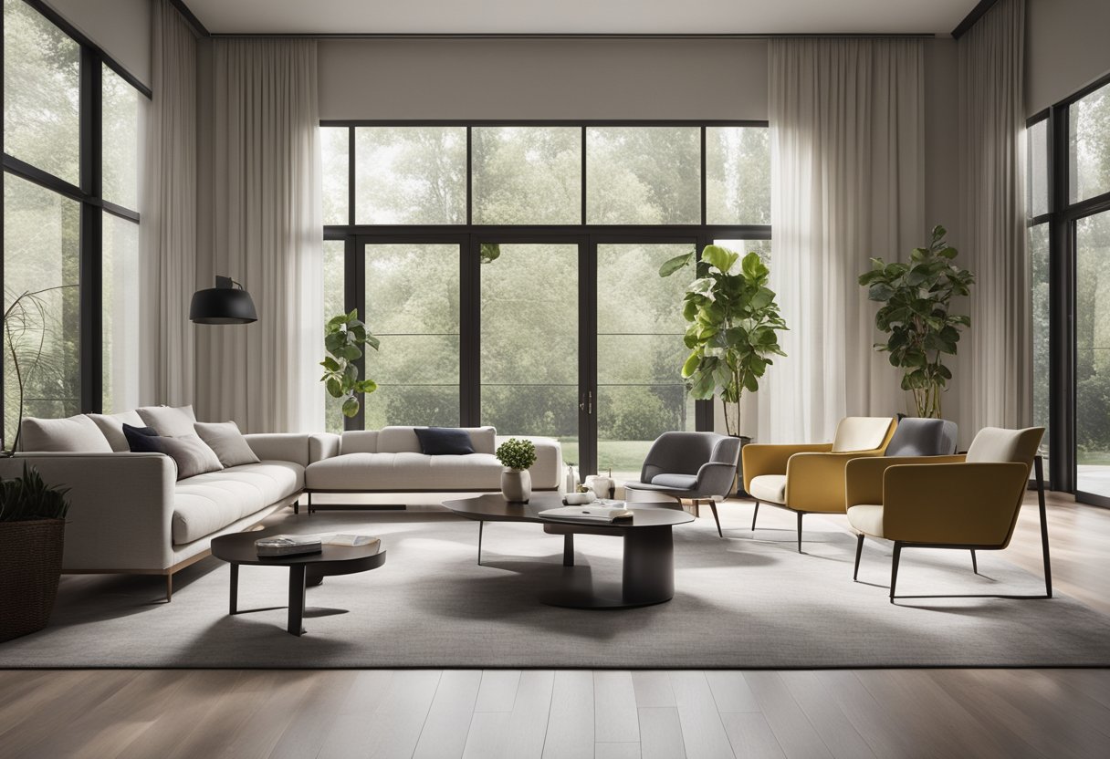 A spacious living room with modern furniture and natural light streaming in through large windows. A clean, minimalist design with pops of color and carefully curated decor