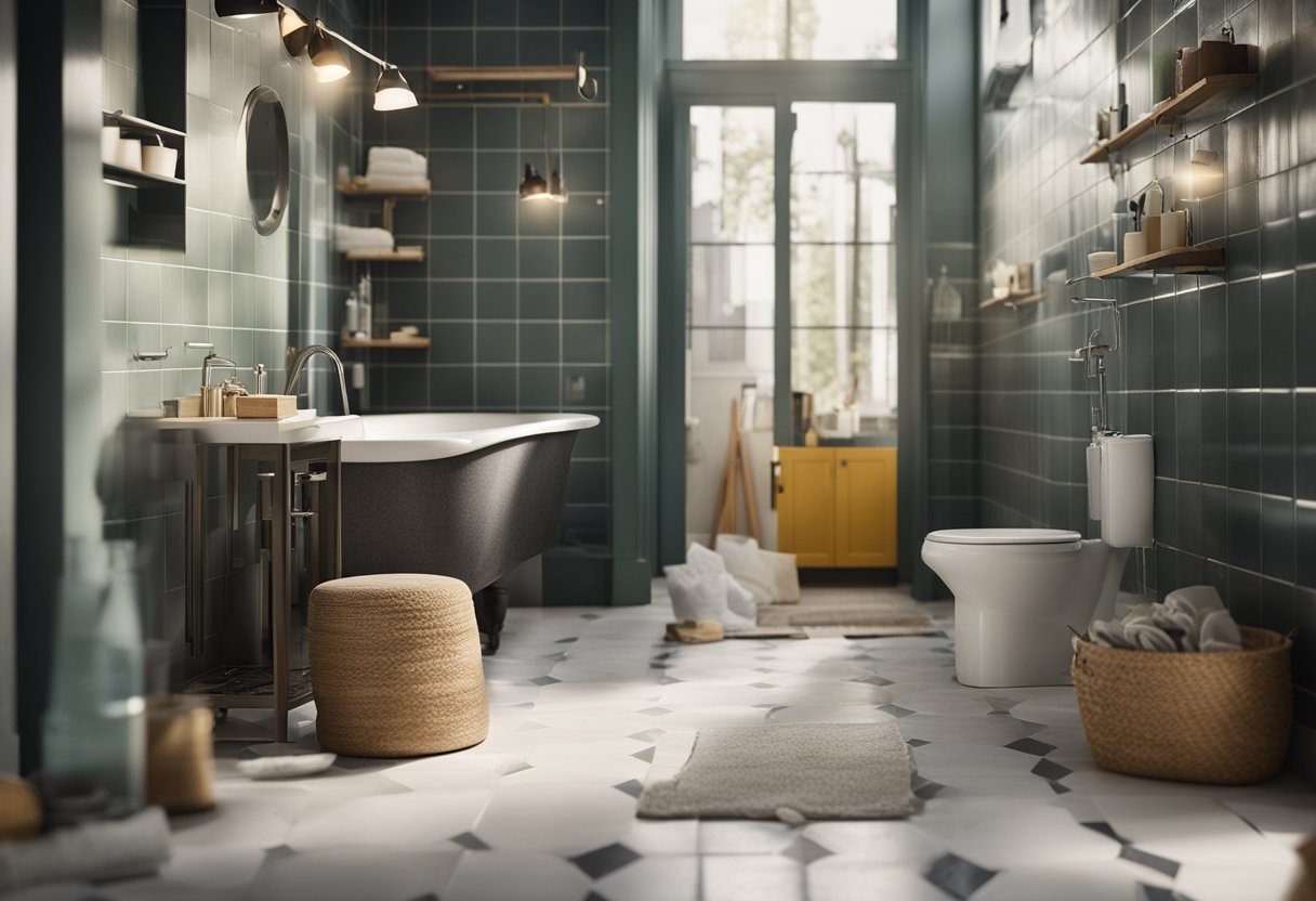 A bathroom under renovation with tools, tiles, and fixtures scattered around