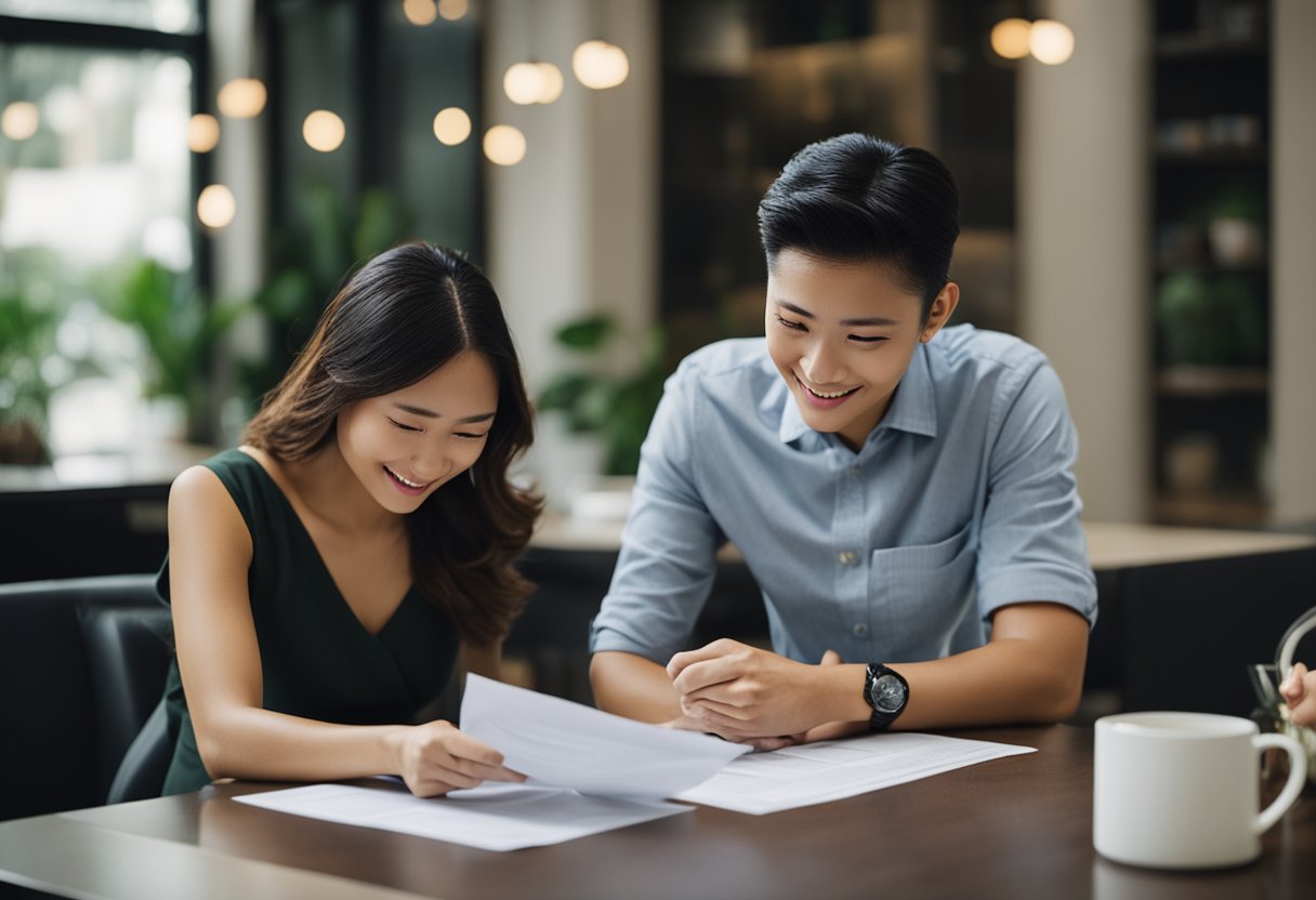 A couple sits at a table, reviewing loan documents and discussing financing options for their home renovation in Singapore