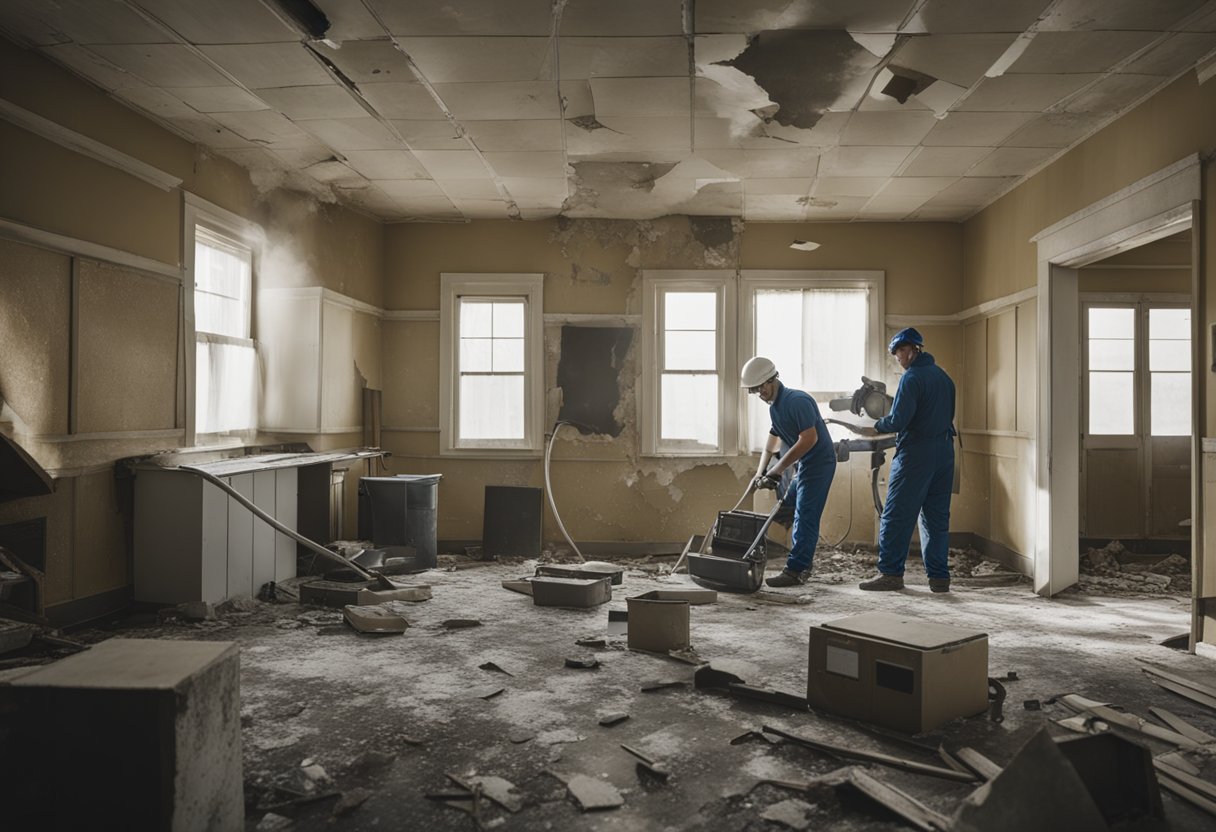 A cluttered room with peeling paint and outdated fixtures. A team of workers tearing down walls and installing new flooring. Dust and debris fill the air as the space is transformed
