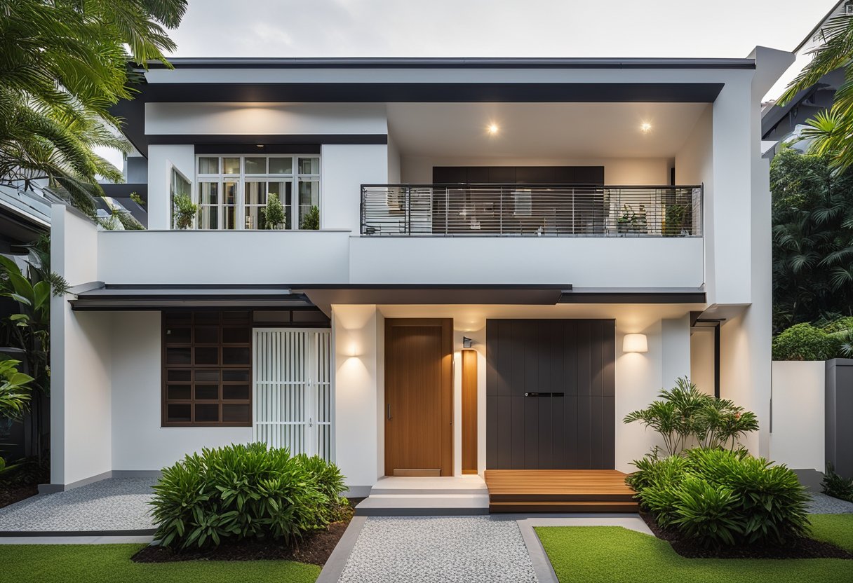 A newly renovated house in Singapore, with fresh paint, modern fixtures, and tidy landscaping. The sun shines on the clean exterior, showcasing the updated look