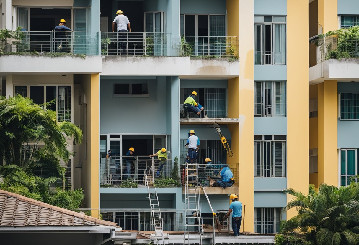 A house under renovation in Singapore, with workers installing new fixtures and painting the exterior