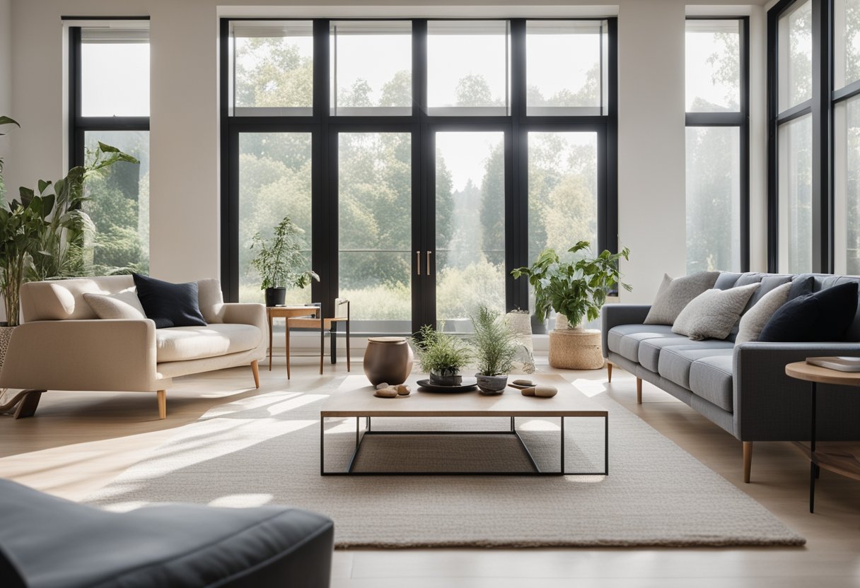 A serene living room with natural light, minimalist decor, and a clutter-free space. A cozy atmosphere with neutral colors and comfortable furniture
