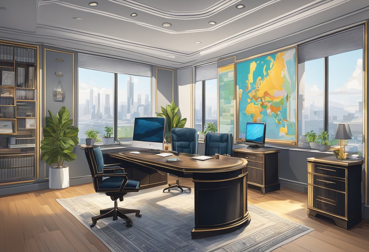 A lavish office with high-end furnishings and a large desk. A computer screen displays financial charts and graphs. Expensive artwork adorns the walls