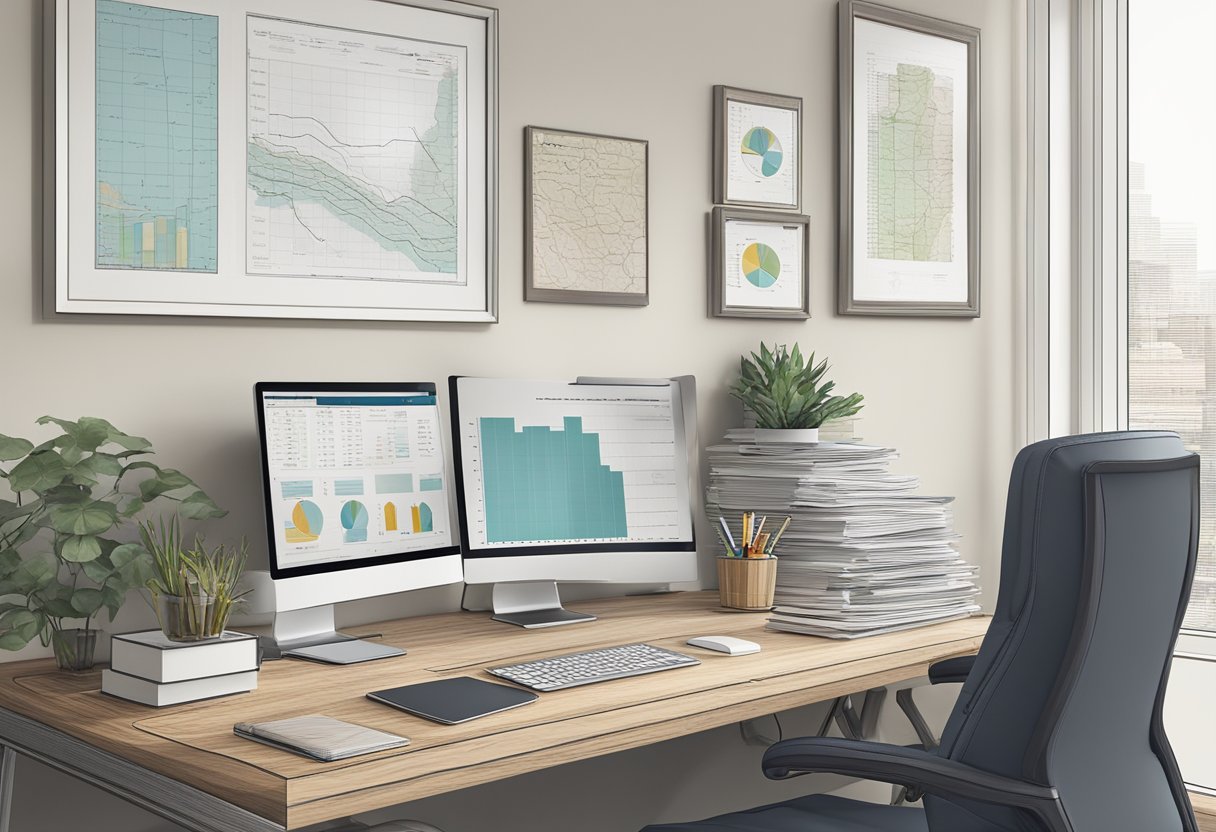 A modern office desk with computer, financial charts, and a framed portrait of Tom Hougaard