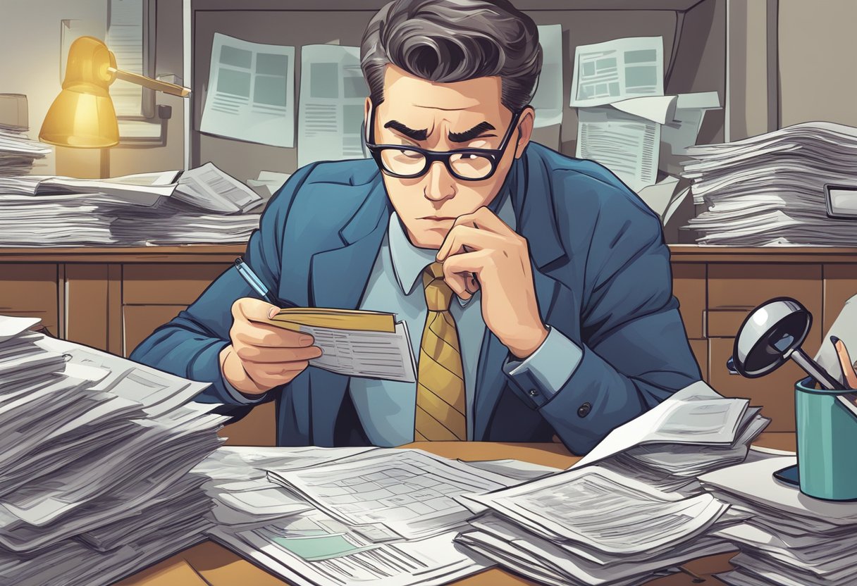 A person reading a tax guide with a magnifying glass, surrounded by paperwork and calculators, with a puzzled expression on their face