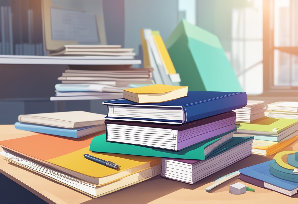 A stack of financial reports and charts sits next to a pile of educational books on a desk, symbolizing the intersection of market analysis and educational contributions
