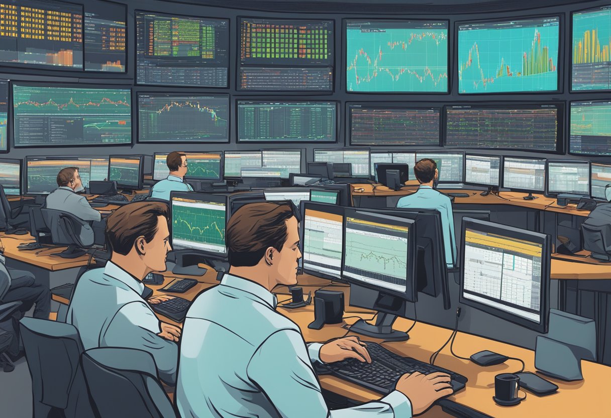 A bustling trading floor with multiple screens displaying fluctuating stock prices, as Tom Hougaard monitors his investments with a focused expression