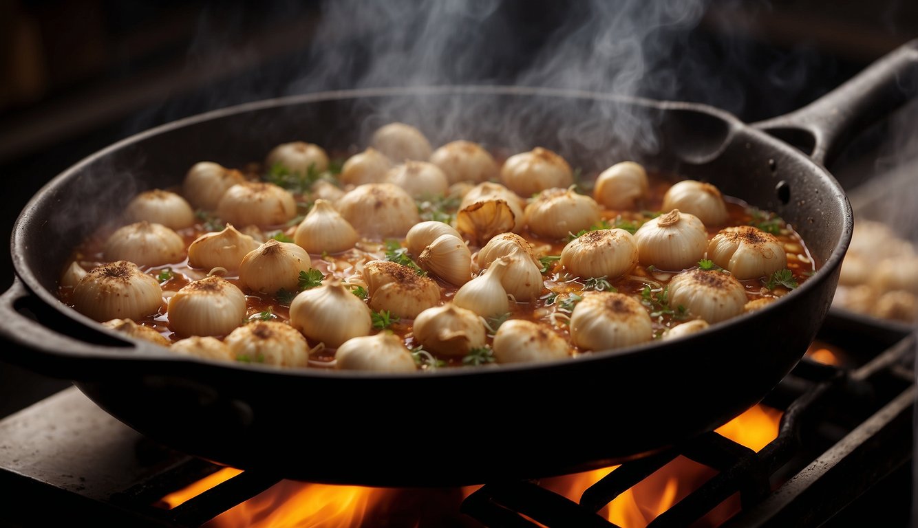 A sizzling pan of garlic-infused Spanish dishes, with aromatic steam rising