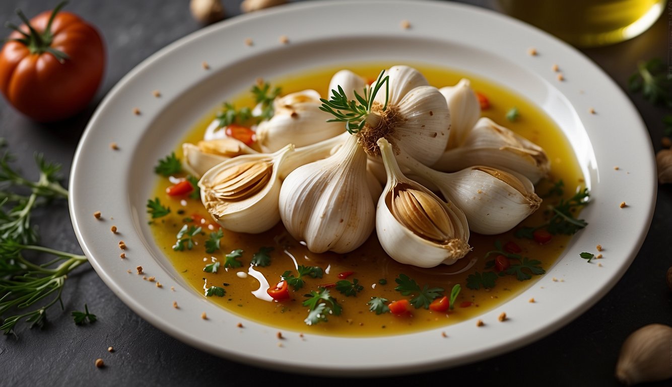 A plate of Spanish garlic is elegantly arranged with a drizzle of olive oil, fresh herbs, and a sprinkle of paprika for a vibrant and appetizing presentation