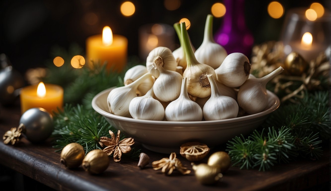 A table adorned with colorful Spanish garlic bulbs, surrounded by festive decorations and seasonal greenery