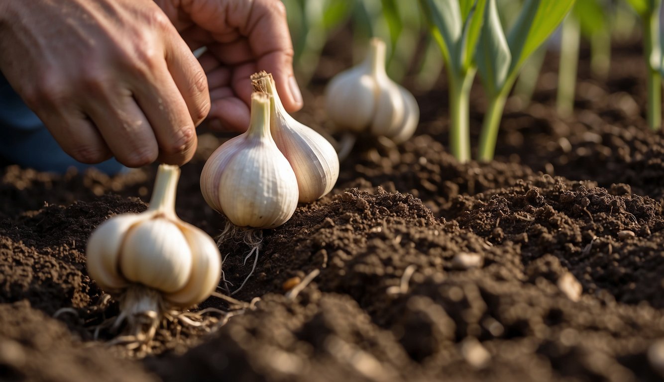 Garlic bulbs being placed in rows in a garden bed, with soil being tamped down around them