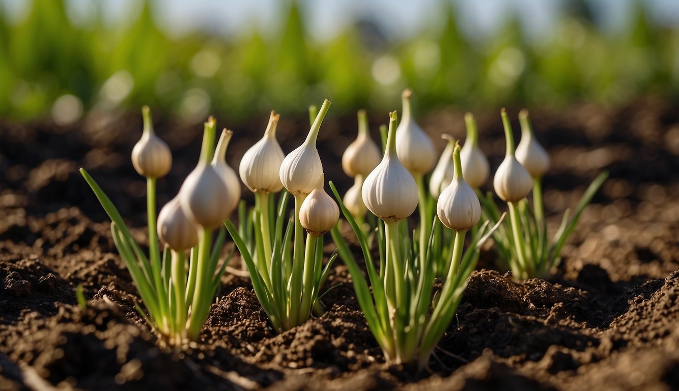 Garlic bulbs sprout in rich soil, green shoots reaching towards the sun. The plants mature, producing clusters of white bulbs in a vibrant garlic garden