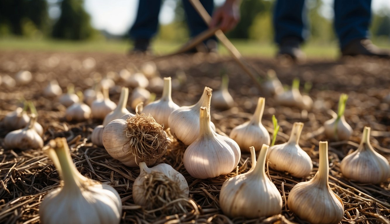 Garlic bulbs being pulled from the ground, laid out to dry in the sun, and then hung in bundles to cure