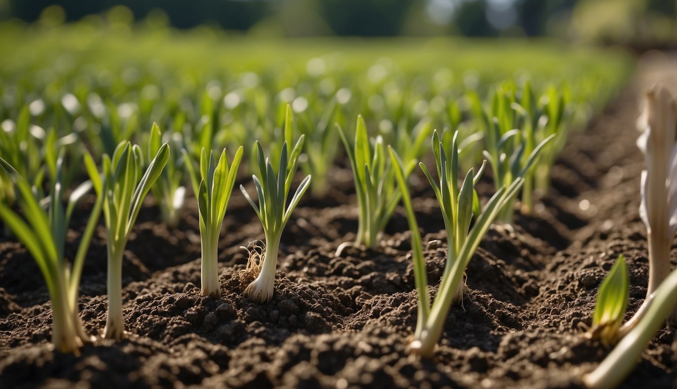A garden with rows of garlic planted alongside other compatible crops, following a rotation schedule for optimal growth and pest control