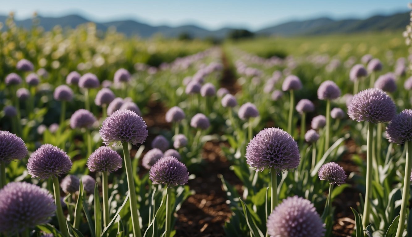A lush garlic garden, with rows of vibrant green plants and purple flowers, surrounded by rolling hills and a clear blue sky