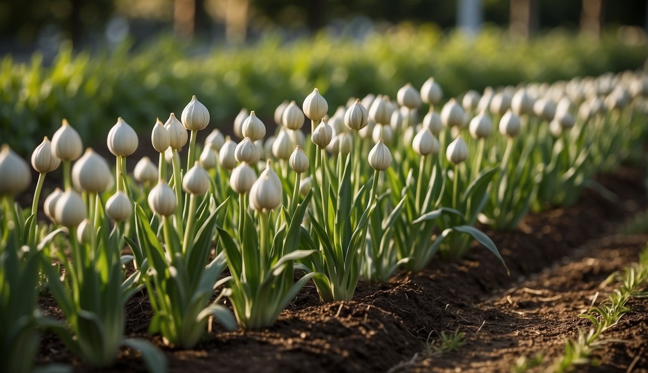 Garlic plants arranged in neat rows, with a sign reading "Frequently Asked Questions garlic garden" in a lush green garden setting