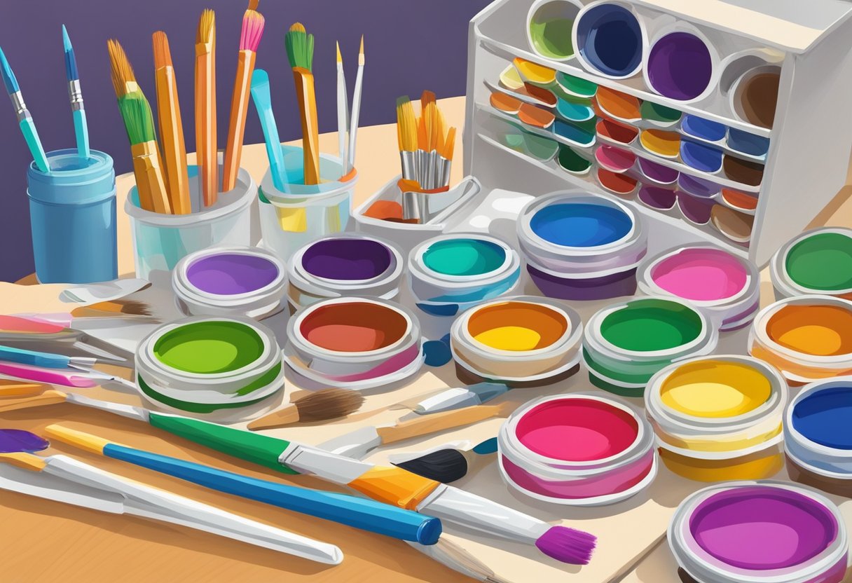 Colorful paints, brushes, paper, and glue sit on a table. Scissors, markers, and glitter are neatly organized in a craft caddy. A small easel and aprons hang nearby