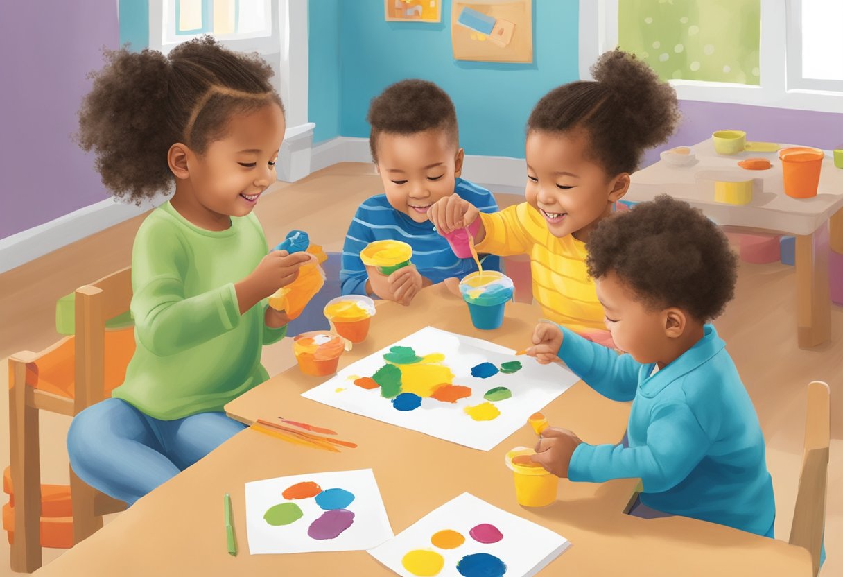 Toddlers engage in colorful, hands-on crafting activities, promoting cognitive and motor skill development. Materials include paint, paper, and glue