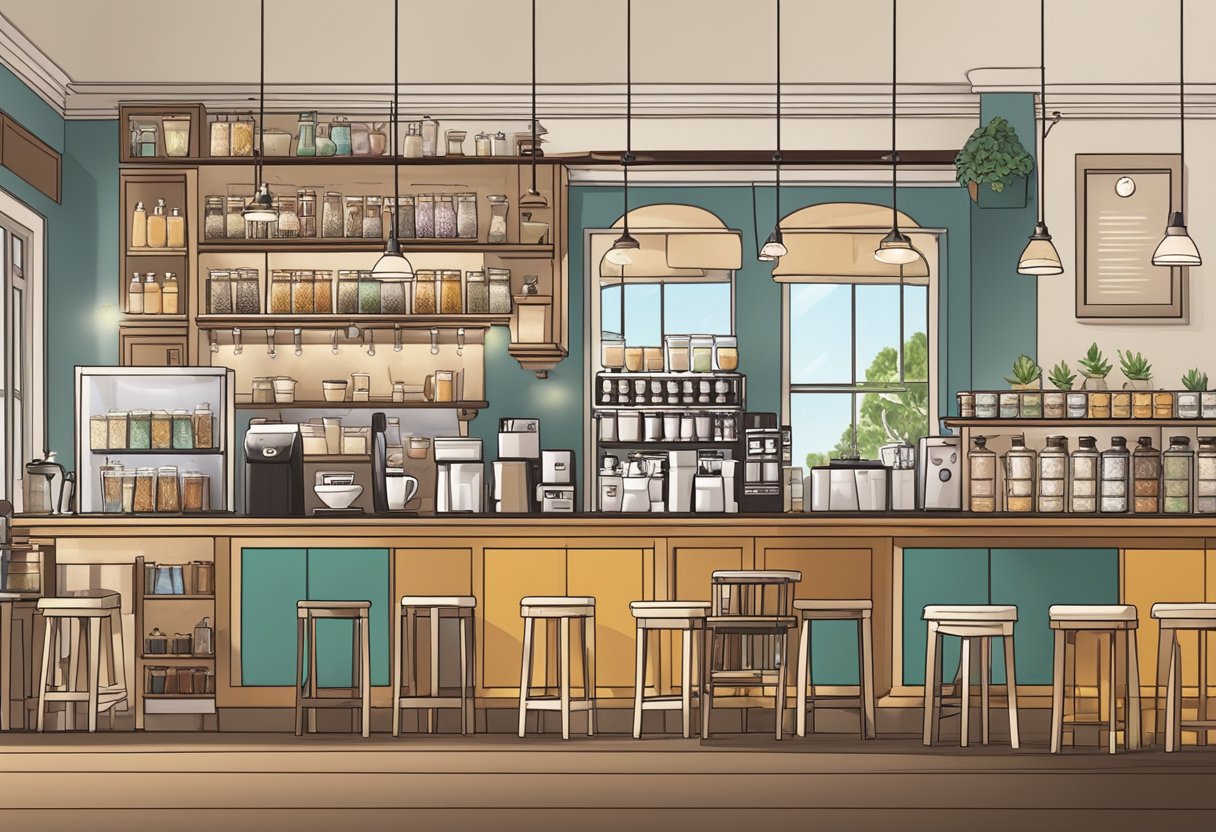 A bustling coffee shop with a variety of trendy drinks on the menu, including colorful lattes, frothy cappuccinos, and artisanal pour-over coffees
