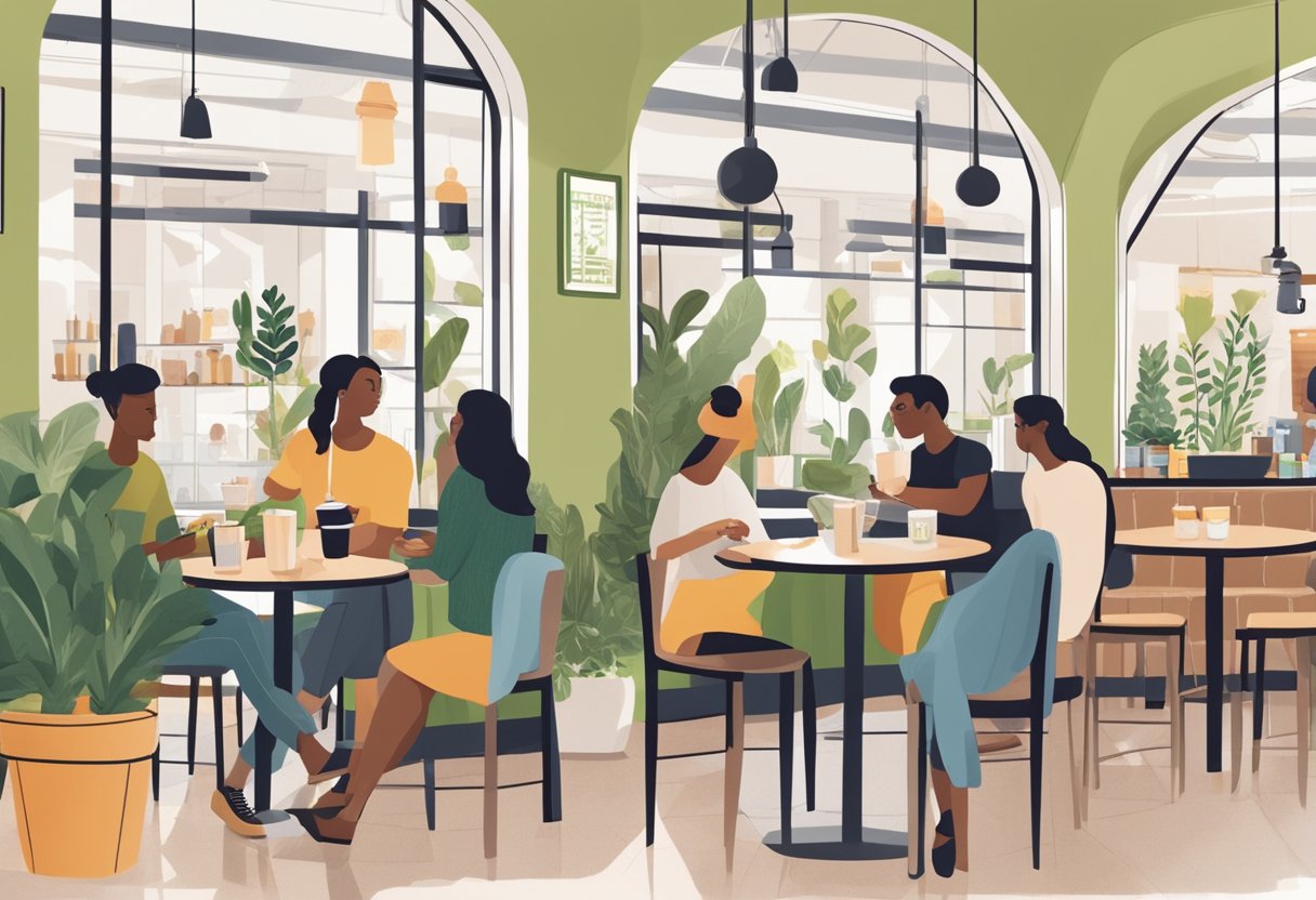 A bustling coffee shop with a variety of eco-friendly coffee drinks on the menu, including plant-based milk options and reusable cups. Customers are seen enjoying their beverages while engaging in conversations about health and sustainability