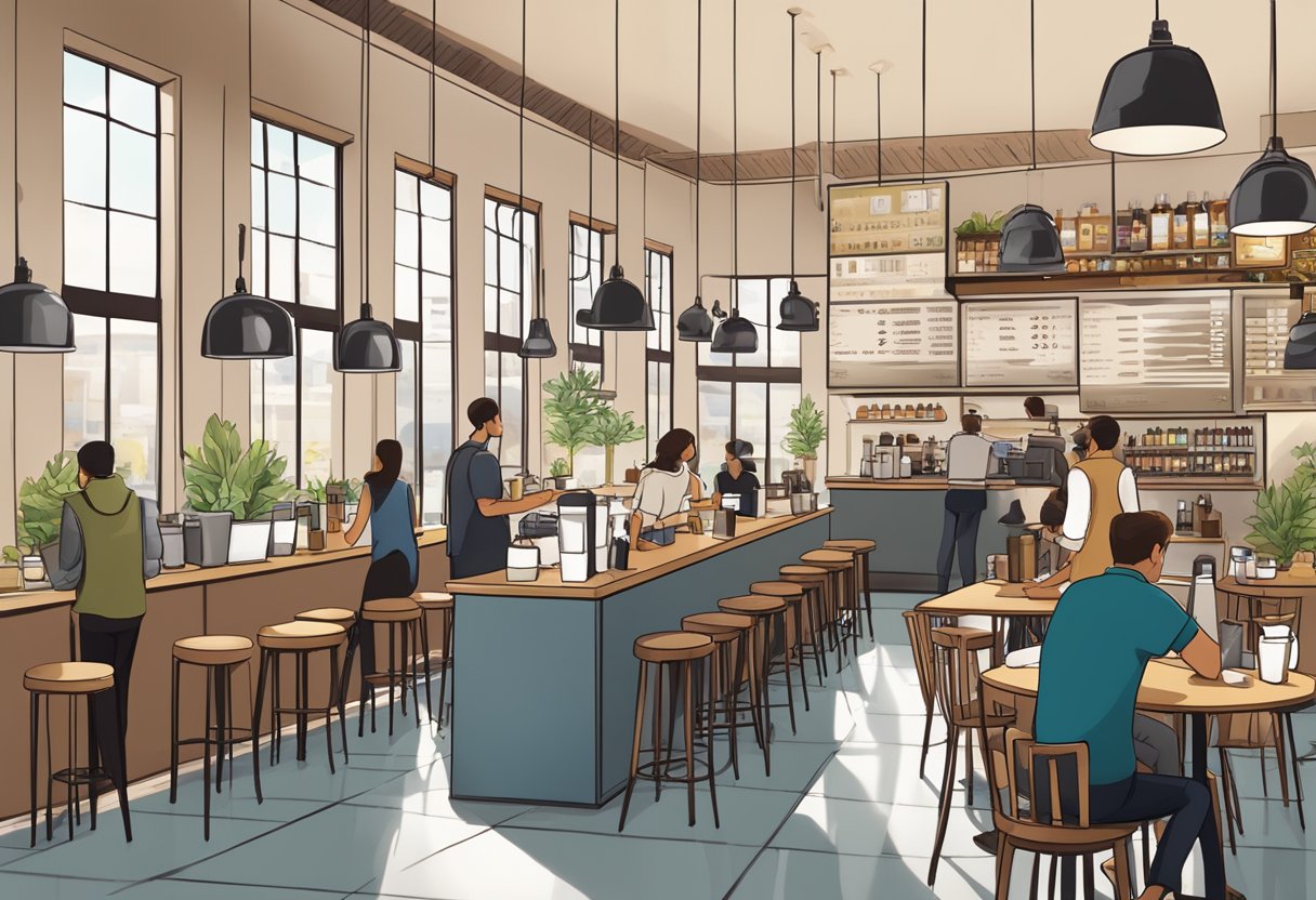 A bustling coffee shop with a variety of trendy coffee drinks on the menu board and customers enjoying their beverages at tables