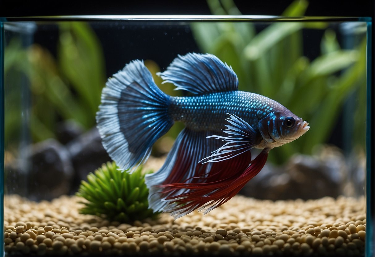 A betta fish swims in a small, clear tank with colorful gravel and a leafy plant. The fish looks alert and healthy, but its belly is slightly concave, indicating it has not been fed for a few days