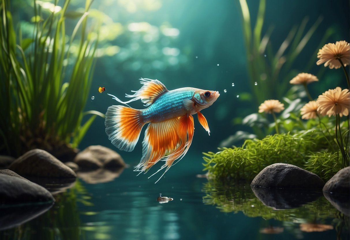 A serene river flows through lush green vegetation, with colorful betta fish swimming among the reeds and rocks, creating a vibrant natural habitat
