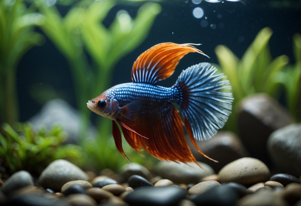 A variety of betta fish swim in clear, shallow water among vibrant aquatic plants and rocks, showcasing their colorful fins and distinct species variations