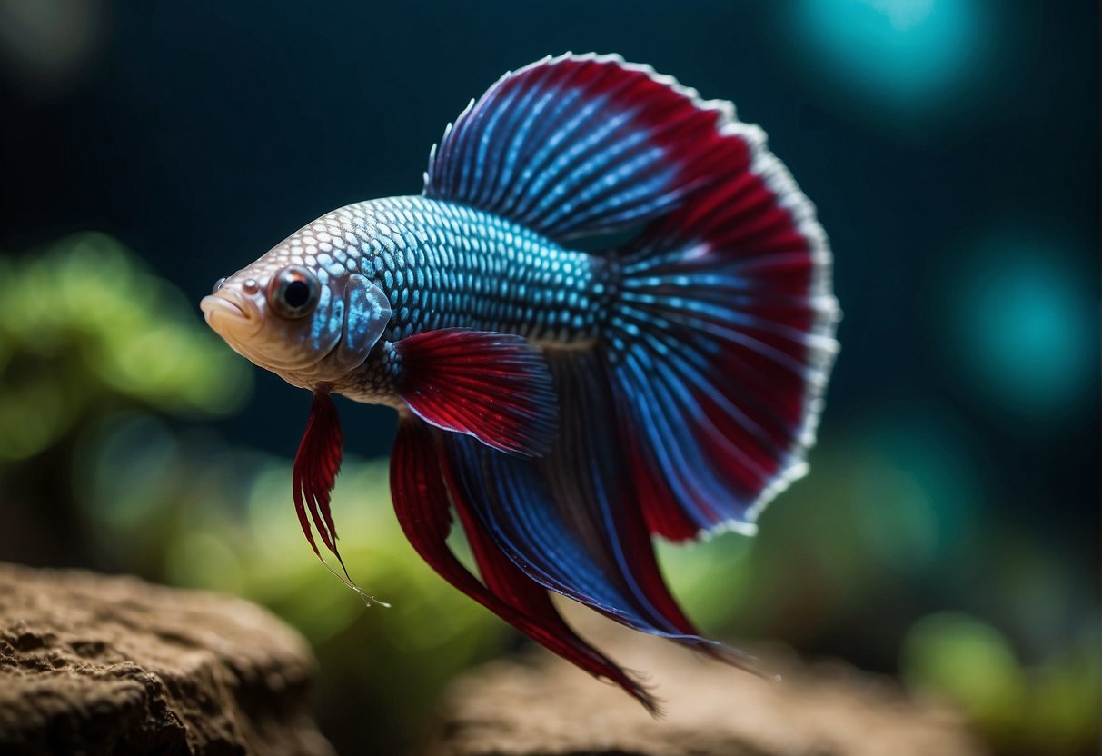 Betta fish display territorial behavior in the wild, flaring their vibrant fins to defend their space. They interact with other fish through aggressive displays and courtship rituals