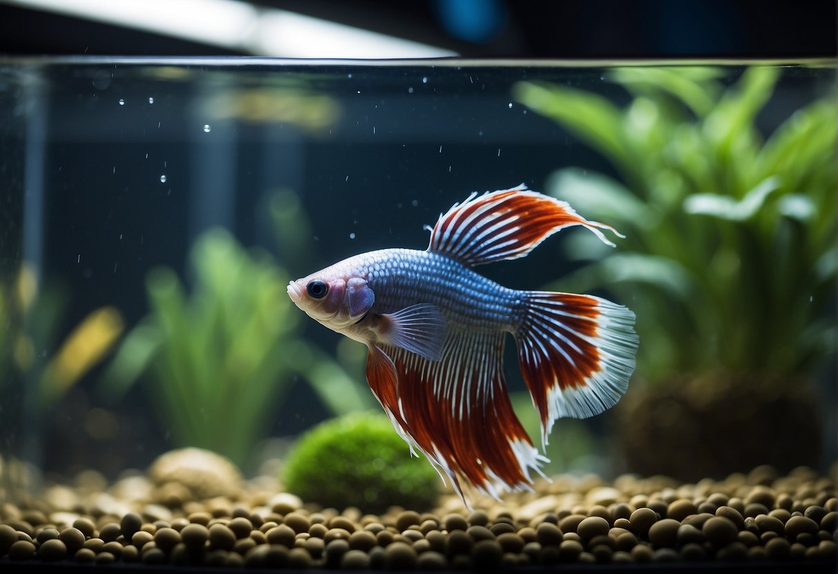 A betta fish swimming in a spacious, well-decorated tank with plenty of hiding spots and live plants. Other fish are kept at a distance to prevent aggression