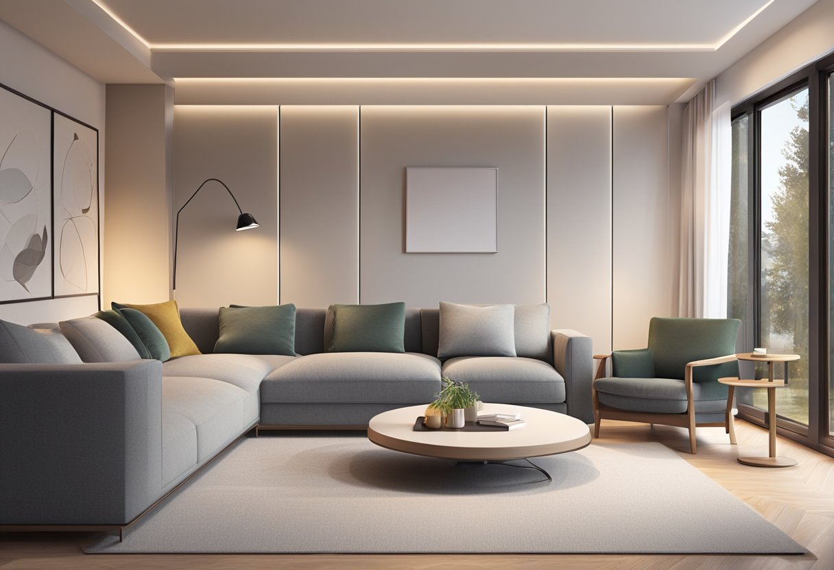 A modern living room with sleek, wall-mounted electric baseboard heaters emitting warmth. The room is tastefully decorated with minimalist furniture and soft lighting